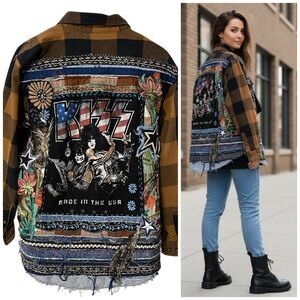 Upcycled Flannel Shirt Shacket Womens 1X Kiss Concert Custom Grunge Rock Skater